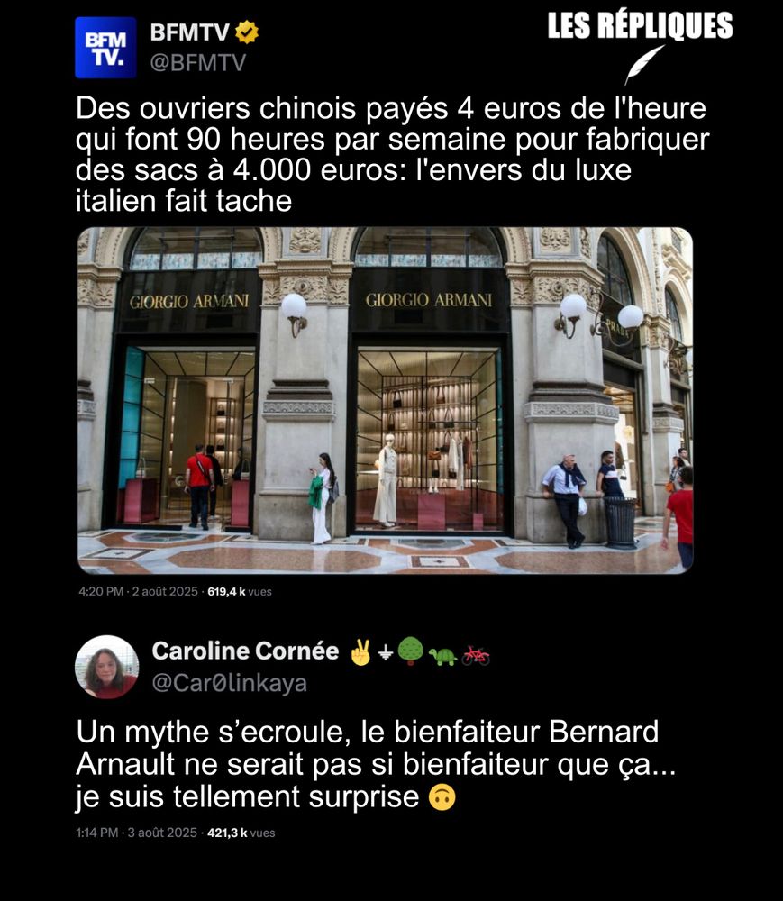 Loro Piana, maison spécialisée dans le cachemire appartenant à LVMH dirigé par l'homme d'affaires Bernard Arnault, a été placée sous administration judiciaire en Italie pour avoir indirectement favorisé l’exploitation d’ouvriers chinois.

Réplique de Caroline Cornée : Un mythe s’ecroule, le bienfaiteur Bernard Arnault ne serait pas si bienfaiteur que ça...
je suis tellement surprise
