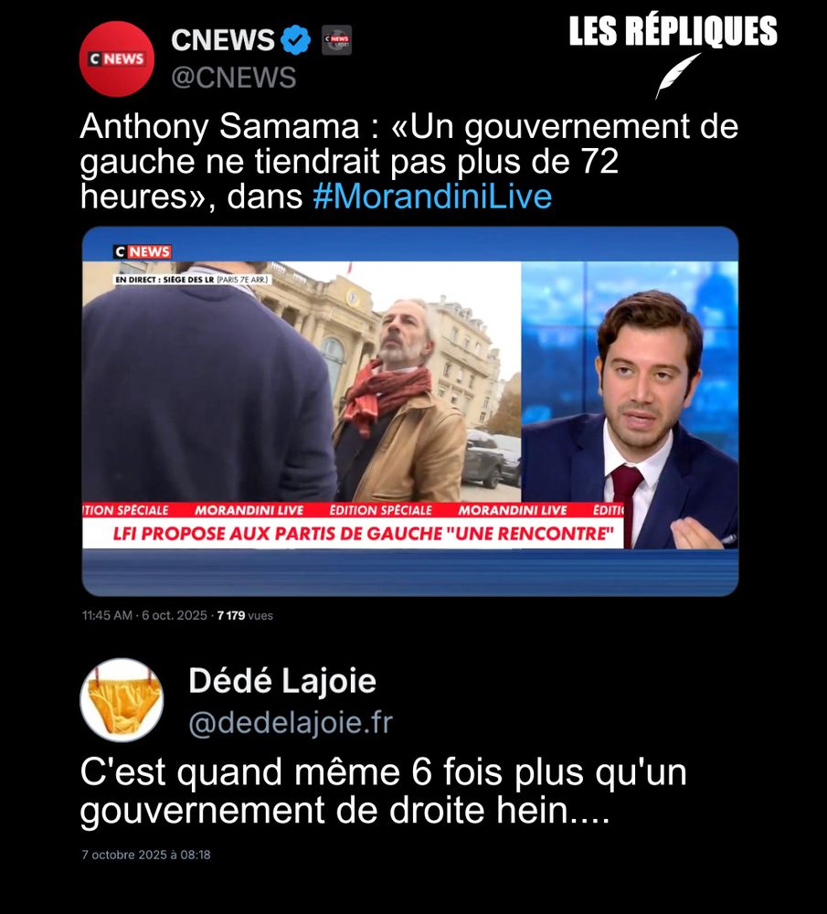 Anthony Samama : «Un gouvernement de gauche ne tiendrait pas plus de 72 heures», dans #MorandiniLive

Réplique de Dédé Lajoie : C'est quand même 6 fois plus qu'un gouvernement de droite hein....