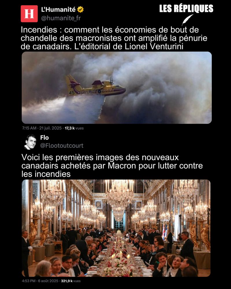En 2022, le président de la République s’était engagé à renouveler, d’ici à 2027, la flotte des douze canadairs en service. Il avait aussi annoncé la commande de quatre appareils supplémentaires. Mais à ce jour, aucun n’a vu le jour, et deux ont même été annulés par décret du gouvernement de Gabriel Attal à l'hiver 2024.

Réplique de Flo : Voici les premières images des nouveaux canadairs achetés par Macron pour lutter contre les incendies (+ la photo du dîner à Versailles avec le roi Charles)