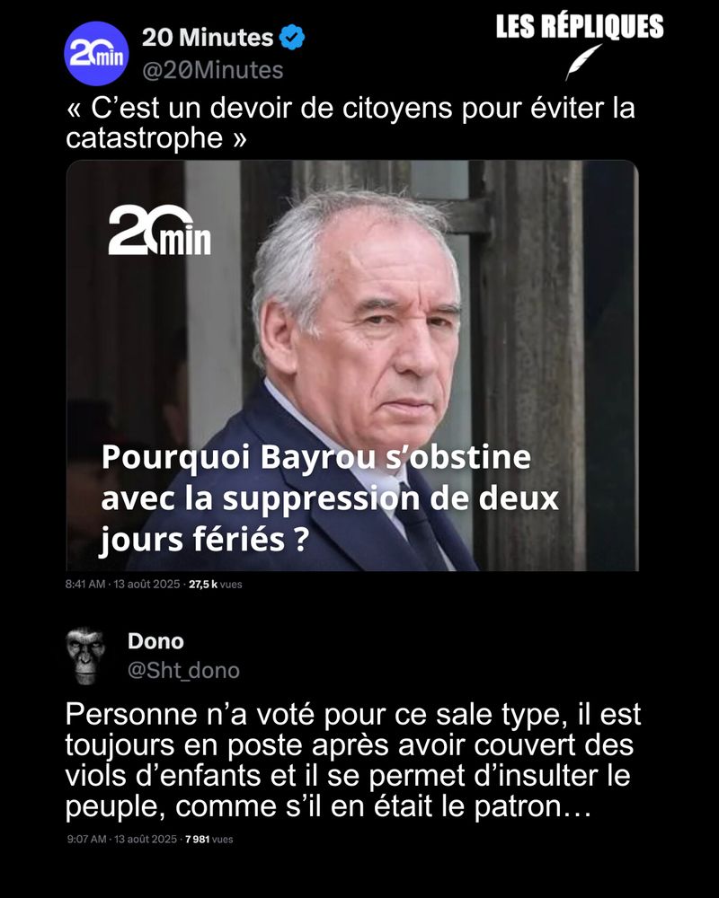 Le Premier ministre a confirmé qu’il supprimerait deux jours fériés pour économiser « 4,2 milliards d’euros dès 2026 ».

Réplique de Dono : Personne n’a voté pour ce sale type, il est toujours en poste après avoir couvert des viols d’enfants et il se permet d’insulter le peuple, comme s’il en était le patron…