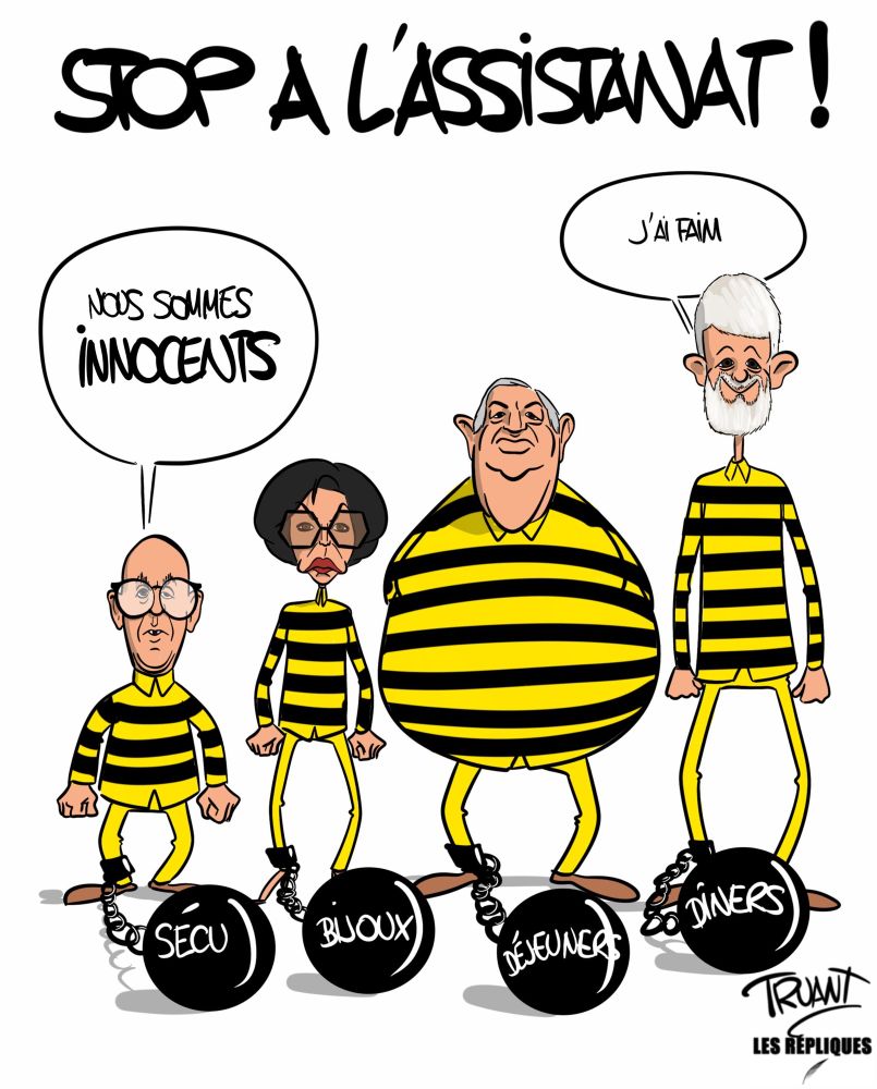 Le dessin représente Ciotti, Dati, Larcher et Wauquiez habillés comme les frères Dalton, du plus petit au plus grand, disant : stop à l’assistanat 