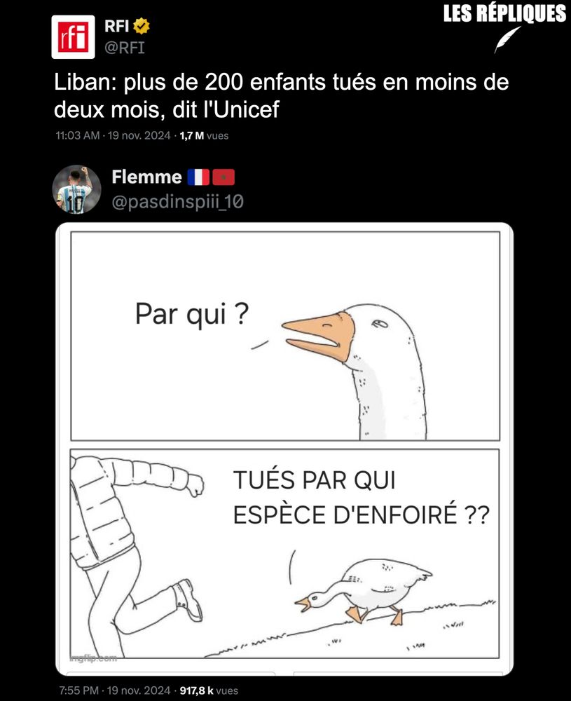 Liban : un bilan humanitaire catastrophique. Plus de 200 enfants ont été tués par la "seule démocratie du proche-orient 🇮🇱" soutenue "inconditionnellement" par la France.

Réplique de Flemme : "Tués par qui enfoi** ??"