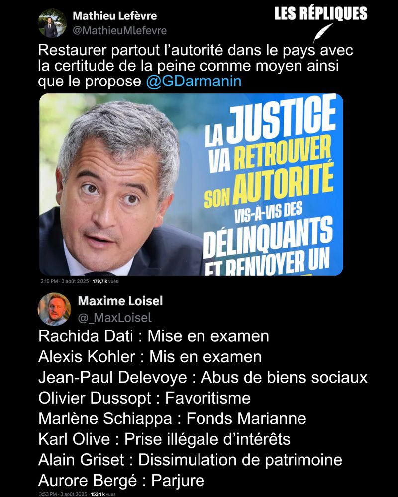 "La justice va retrouver son autorité vis-à-vis des délinquants et renvoyer un message de fermeté à la société" déclare le ministre de la Justice, relayé par le député Mathieu Lefèvre.

Réplique de Maxime Loisiel : Rachida Dati : Mise en examen
Alexis Kohler : Mis en examen
Jean-Paul Delevoye : Abus de biens sociaux Olivier Dussopt : Favoritisme
Marlène Schiappa : Fonds Marianne
Karl Olive : Prise illégale d’intérêts
Alain Griset : Dissimulation de patrimoine Aurore Bergé : Parjure