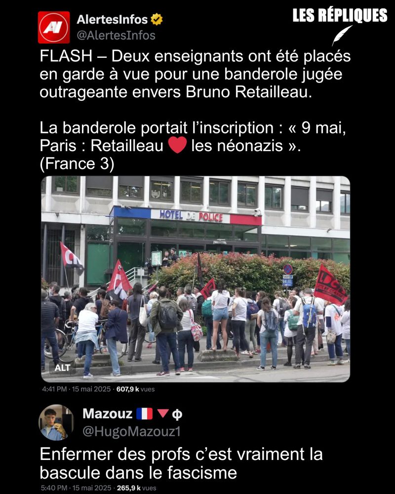 Lors de la manifestation des agents de la fonction publique mardi 13 mai à Grenoble, deux enseignants ont été interpellés par les forces de l’ordre et placés en garde à vue. En marge du cortège, les deux manifestants avaient déroulé une banderole avec des inscriptions faisant "outrage" au ministre de l’Intérieur Bruno Retailleau.

Réplique de Mazouz : Enfermer des profs c’est vraiment la bascule dans le fascisme