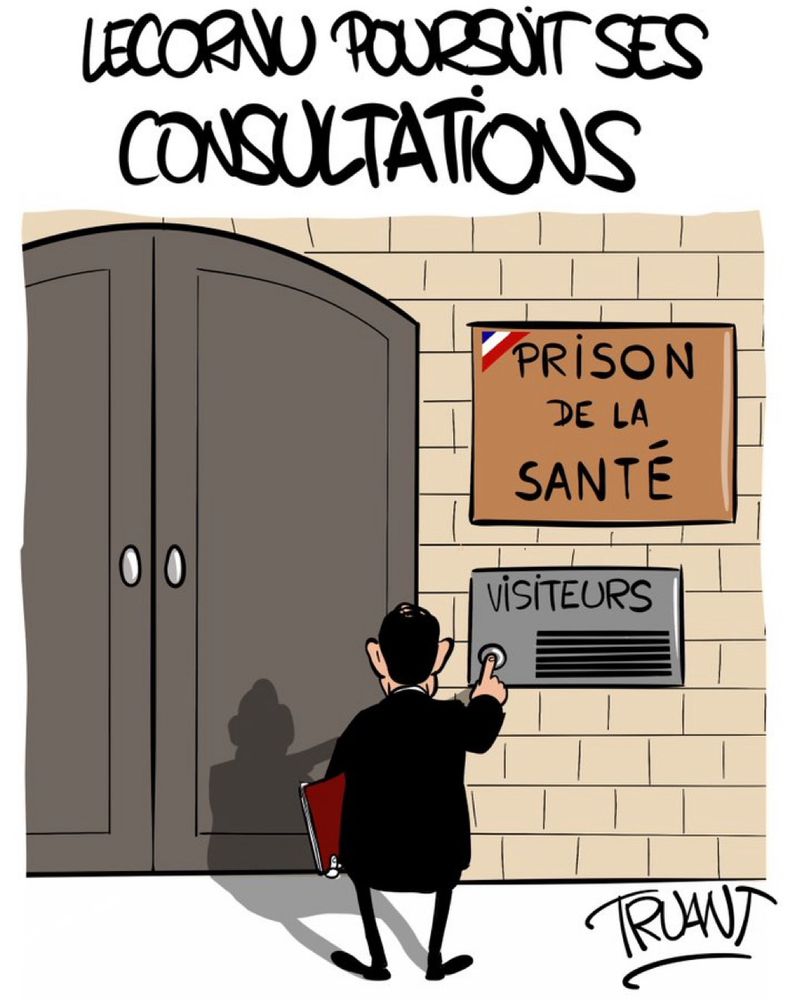 Le nouveau Premier ministre Sébastien Lecornu poursuit ses consultations.

Dessin de Lecornu qui sonne à la porte de la prison de la Santé 