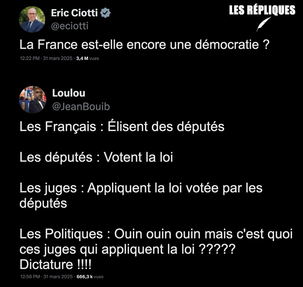 Le député d'extrême droite Éric Ciotti, choqué par le jugement rendu contre Marine Le Pen, s'interroge sur l'état de la démocratie en France. Il a annoncé vouloir déposer rapidement une proposition de loi visant à supprimer les peines d'inéligibilité avec effet immédiat.

Réplique de Loulou : "Les Français : Élisent des députés

Les députés : Votent la loi

Les juges : Appliquent la loi votée par les députés

Les Politiques : Ouin ouin ouin mais c'est quoi ces juges qui appliquent la loi ????? Dictature !!!!"