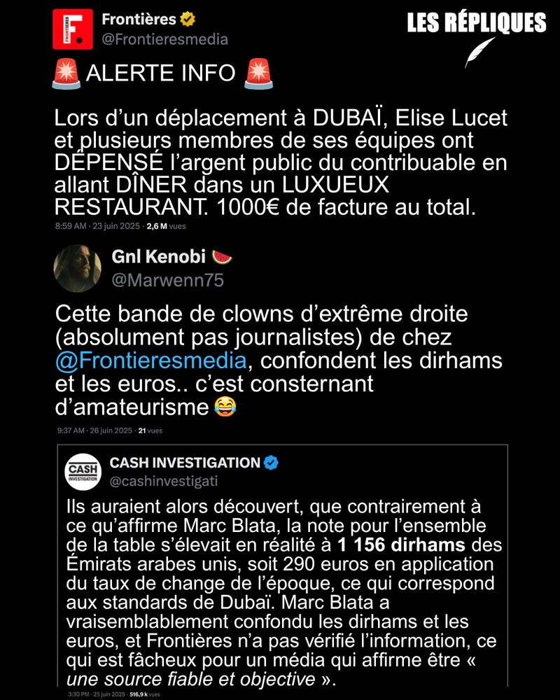 Lorsque le "média" Frontières propage une nouvelle fake news affirmant qu'Elise Lucet et son équipe ont dîné à Dubaï dans un "LUXUEUX RESTAURANT." aux frais du contribuable. "1000€ de facture au total". Leur source : l'influenceur Marc Blata. La réponse d'Elise Lucet via Cash investigation.

Réplique de Gnl Kenobi : Cette bande de clowns d’extrême droite (absolument pas journalistes) de chez @Frontieresmedia, confondent les dirhams et les euros.. c’est consternant d’amateurisme.

Réplique de Cash Investigation cité par Gnl Kenobi : Ils auraient alors découvert, que contrairement à ce qu’affirme Marc Blata, la note pour l’ensemble de la table s’élevait en réalité à 1 156 dirhams des Émirats arabes unis, soit 290 euros en application du taux de change de l’époque, ce qui correspond aux standards de Dubaï. Marc Blata a vraisemblablement confondu les dirhams et les euros, et Frontières n’a pas vérifié l’information, ce qui est fâcheux pour un média qui affirme être « une source fiable et objective ».