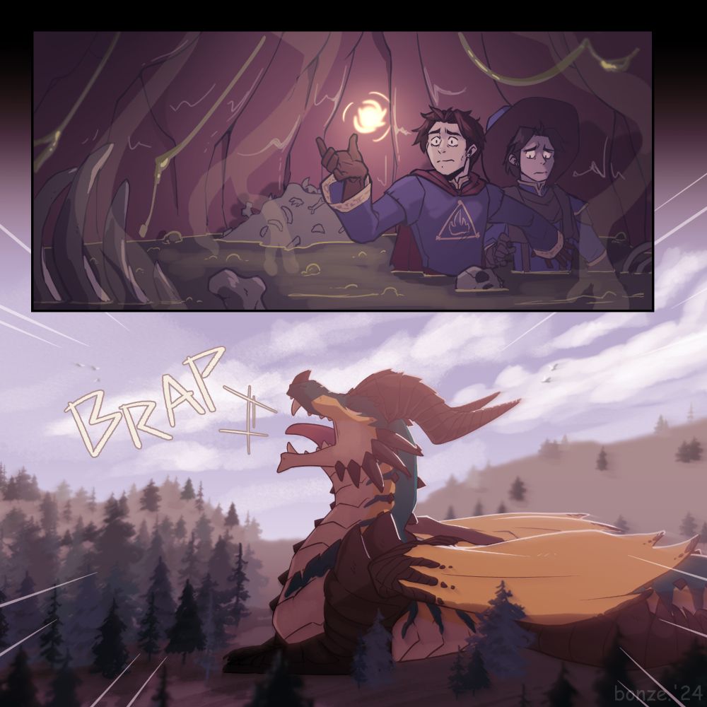 Danathius and Chris find themselves within Bonze's belly.  The dragon, content with his snack, belches loudly and crudely after swallowing up the pair of humans.