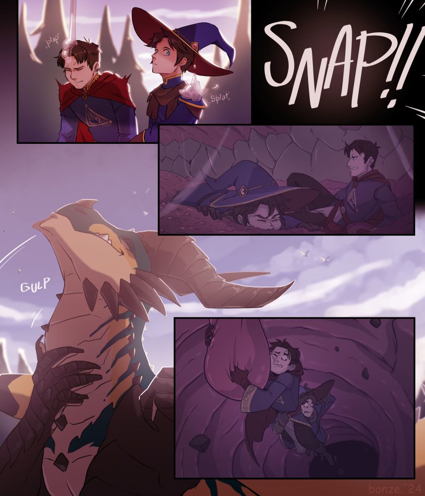 Danathius and Chris, both human mages, are exploring a forest when saliva dribbles down on them.  Bonze, a huge dragon, snaps them up in one go and Danathius and Chris cling to the dragon's uvula in a vain attempt to avoid being swallowed.
