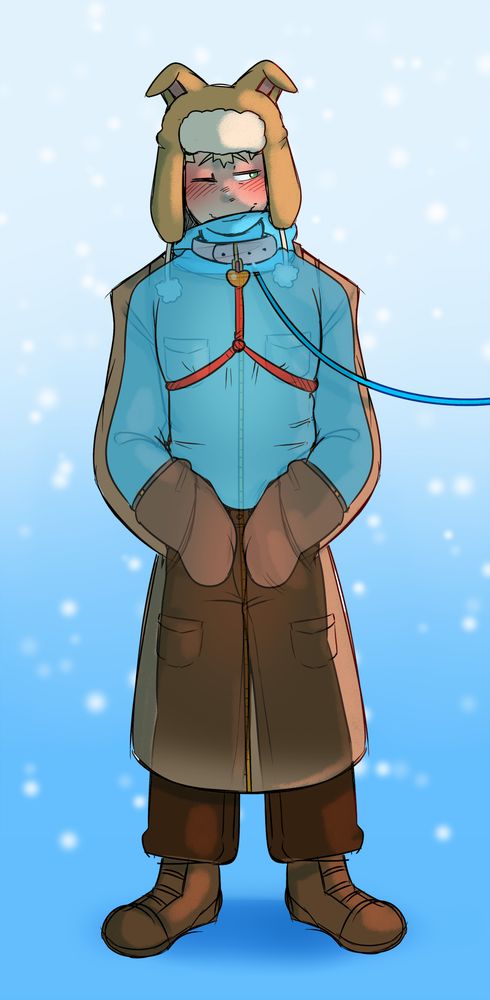 Dylan all wrapped up and warm, but with a collar and rope on underneath the clothing.