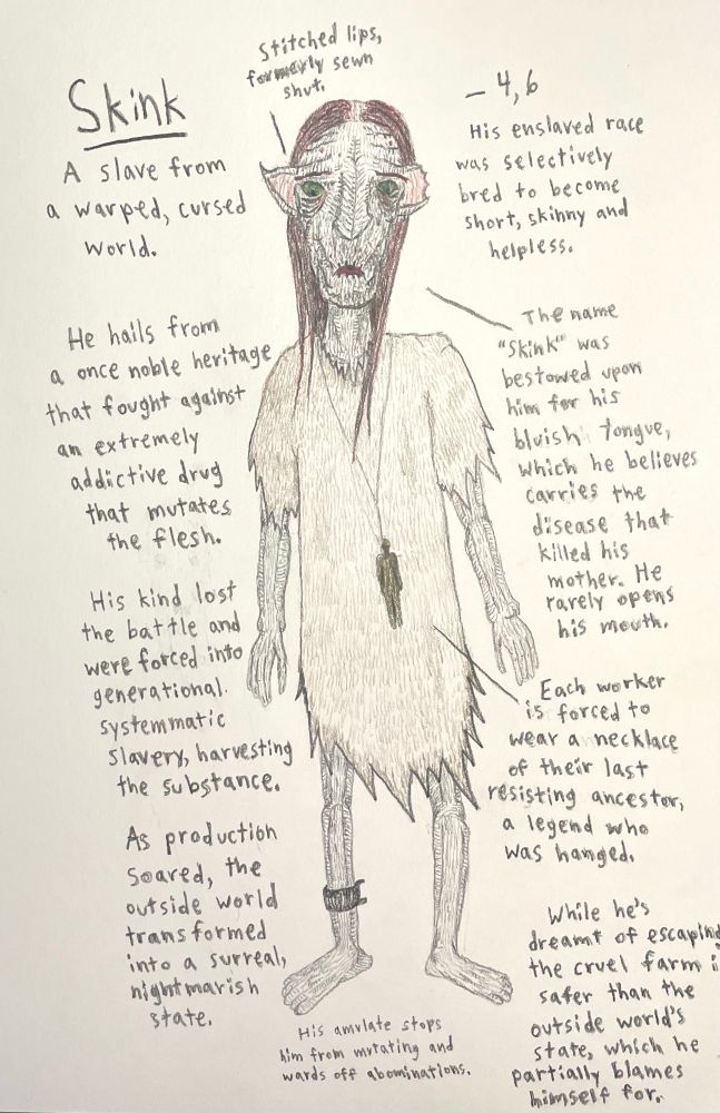 A small malnourished pale elven creature named “Skink”. He has dark green beady eyes, balding red hair, and a long, shriveled face with a tiny stitched mouth. We wears rags, a broken shackle on his right leg, and small golden figure hanging from his necklace like a noose. His left ear is partially missing and the art quality is mediocre at best. 