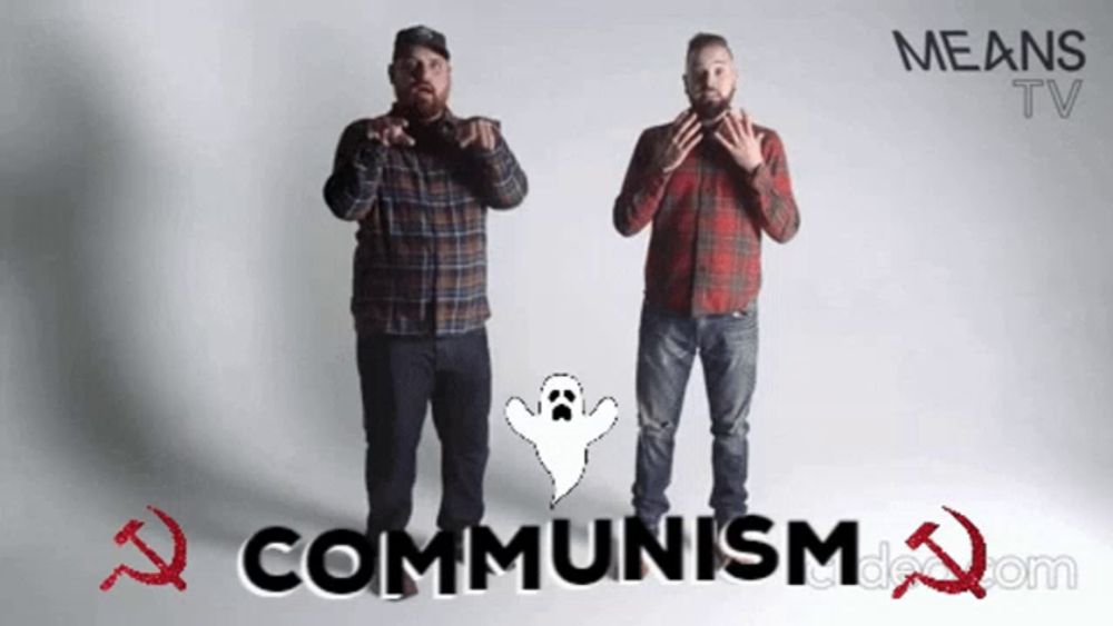 two men are standing next to each other with a ghost and the word communism behind them