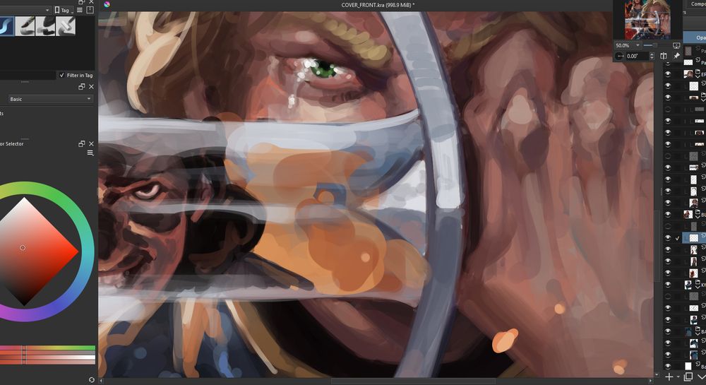 A work in progress piece of a cover illustration I'm working on. A man holding the sword in a defensive stance in front of his face, tear in his eye. A reflection of his grinning enemy in the sword's blade.