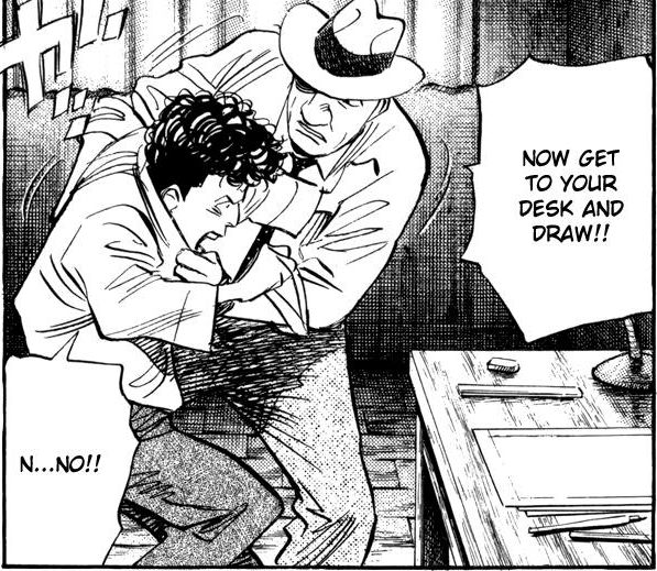 Panel from Naoki Urasawa's Billy Bat. Two men (one i[s older) near the desk, the olderone is forcing the other closer to the desk saying "Now get to your desk and draw!!", younger man says "N...No!!"