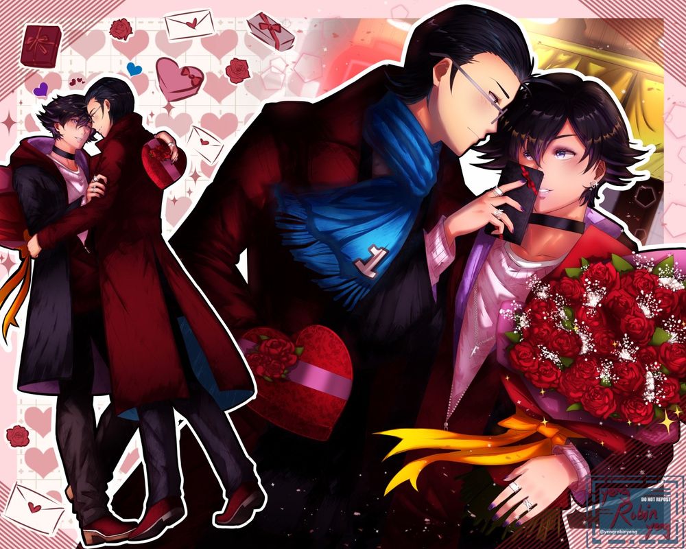 Valentines 2025 art of NaoKei (Naoya x Nanjo) from Persona 1
it features the couple in 2 poses
1st pose shows a full body art of the couple holding each other and looking at each others' eyes surrounded by hearts and valentines gifts
2nd pose shows a closeup of the couple as they walk down the night street, Naoya holding a bouquet of roses and a small rectangular gift and Nanjo holding a box of chocolates