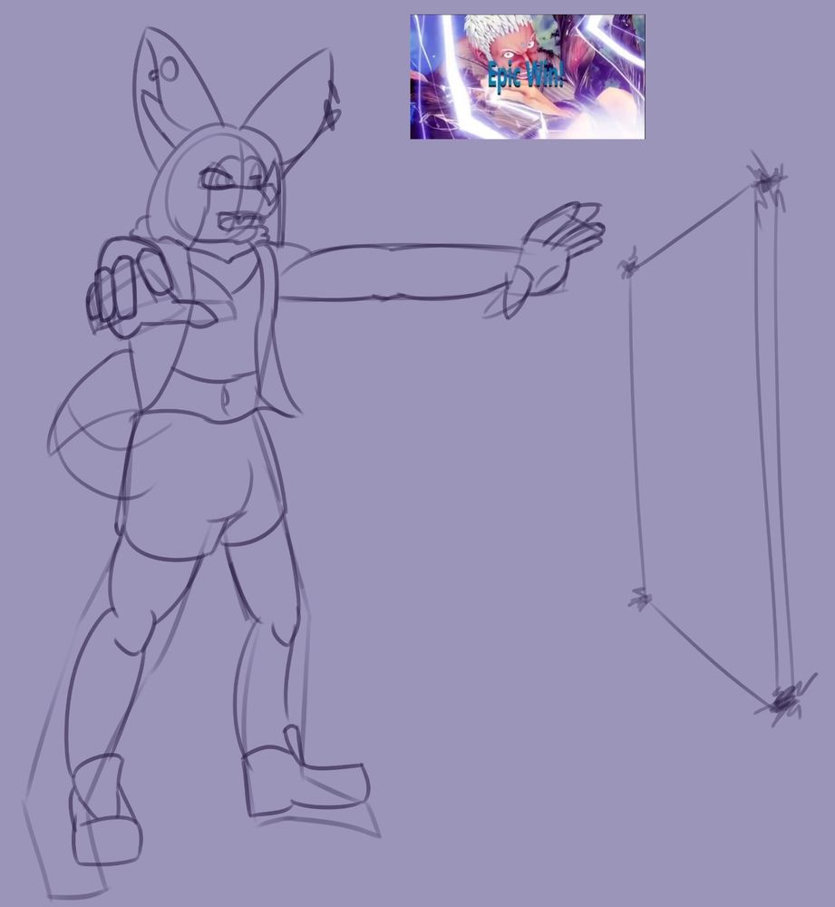 A sketch of Skyler posing in a stance with their arms stretched out, sending out a field of energy in front of them. A meme image of Urien from SF5 with the text "Epic Win!" is above it.