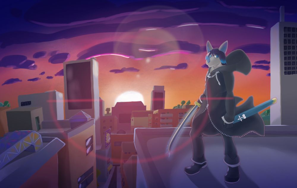 Overlooking a cityscape at dawn, Kelryxs stands on top of a building, wearing an Organization Black Coat and brandishing a sword imbued with Thunder.