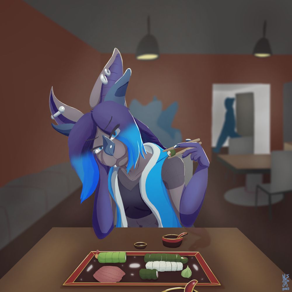 The viewer is sitting at a table face to face with Skyler, with a tray of sushi, including a dragon roll and a California roll, and sashimi in front of them. Some of the rolls are partially eaten. Skyler is looking longfully at the viewer while holding a roll in their chopsticks left-handed.