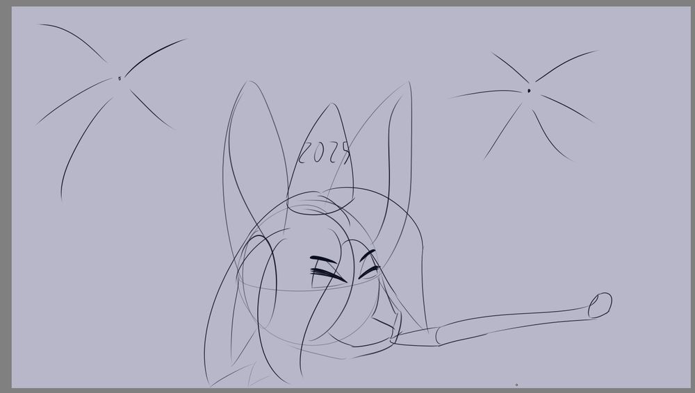 skyler (my sona) wearing a party hat that says 2025 while blowing a party horn as fireworks erupt in the background