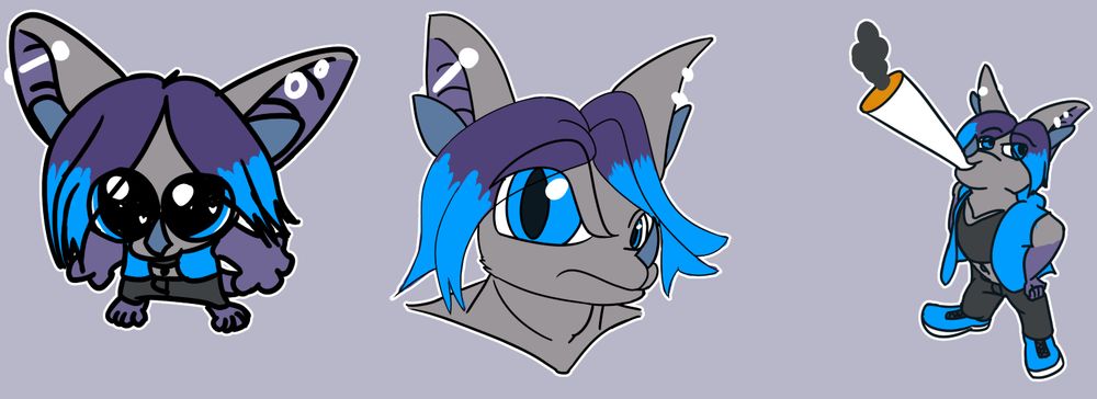Three simple stickers of Skyler. One of them is the "fototeta" meme, with Sky being tiny and looking up with bubbly pleading eyes. The second is Sky with a highly emphasized raised eyebrow, questioning the viewer. The third is a reference to the "Mario Blunt" meme, posing confidently with fists on hips, smoking an oversized joint.