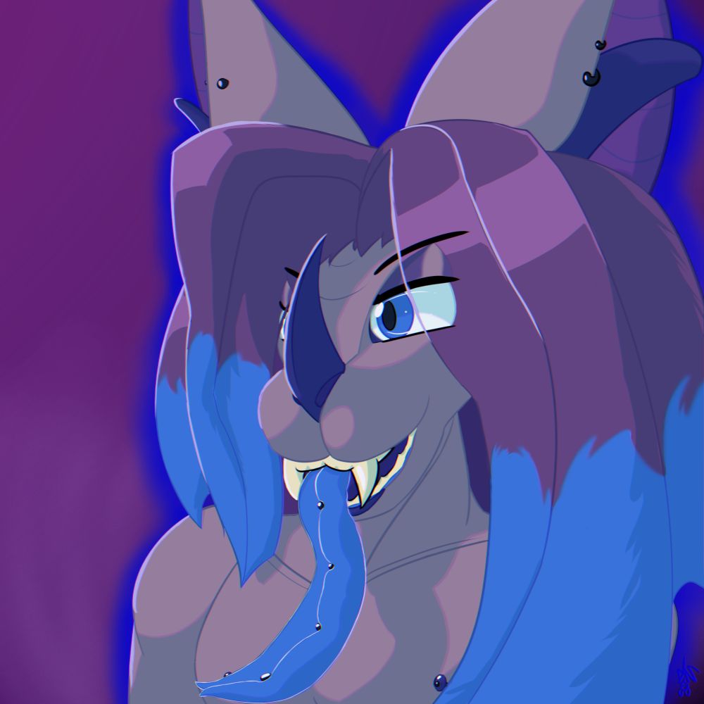 A portrait of Skyler, a shirtless leaf-nosed bat with a gray face and body, blue eyes, blue highlights on purple hair that falls unevenly past the shoulders, and suggestively displaying sharp teeth and a long blue tongue with four piercings. Size is larger than usual, due to becoming a were-bat. (Credit: @lilylopears.bsky.social)