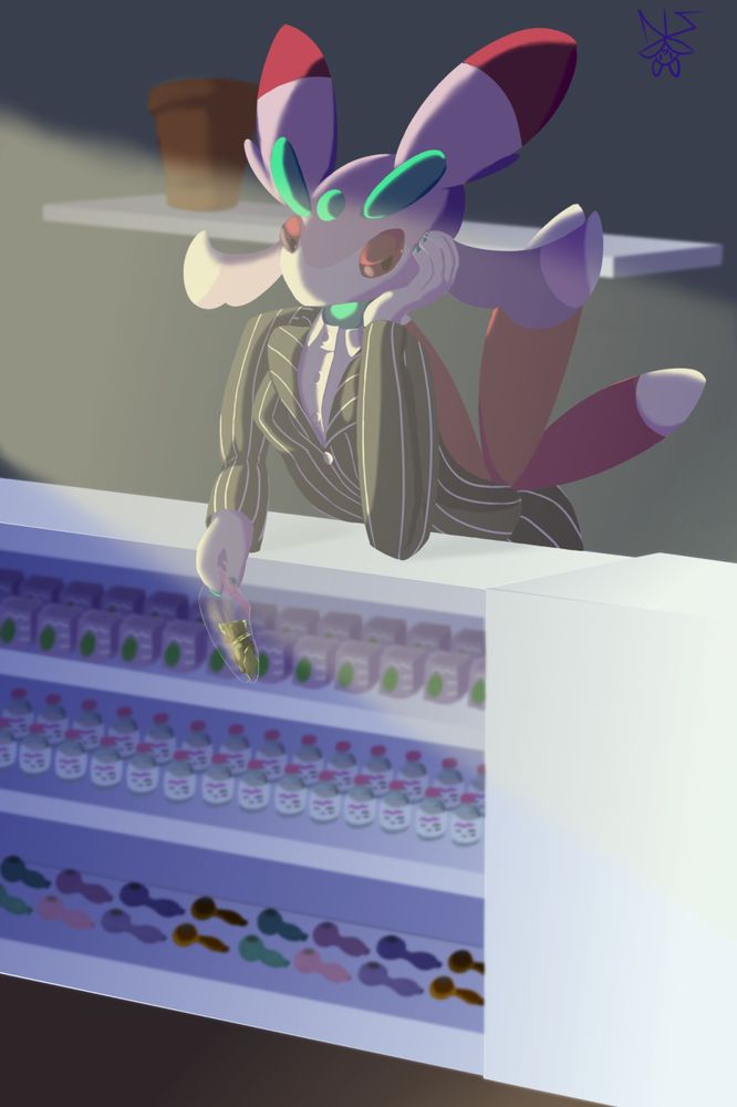 Velvet the Lurantis (credit: MaxisOP) holding a small plastic baggie containing some nuggets of cannabis, leaning over her herbal shop's counter in the early morning sunlight.