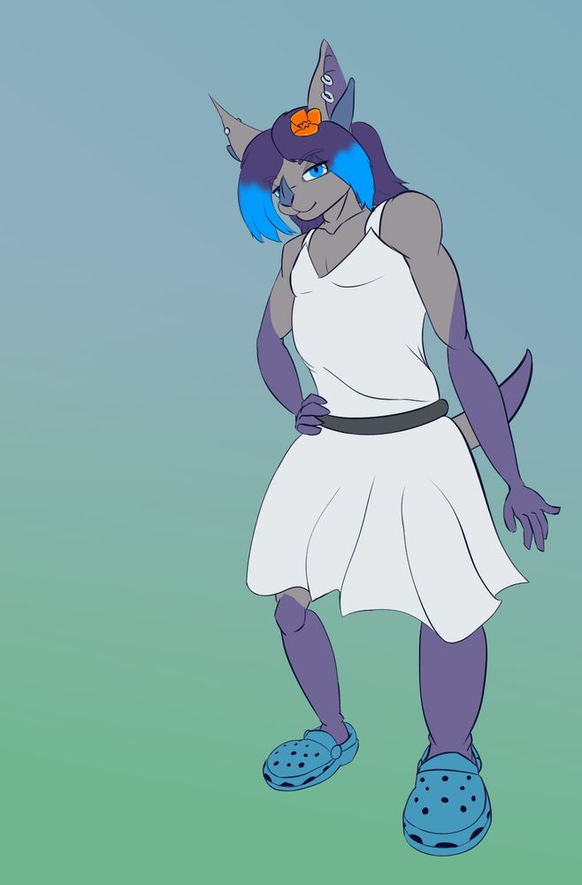 Skyler standing with one hand on hip wearing a white sundress and looking coyly at the viewer