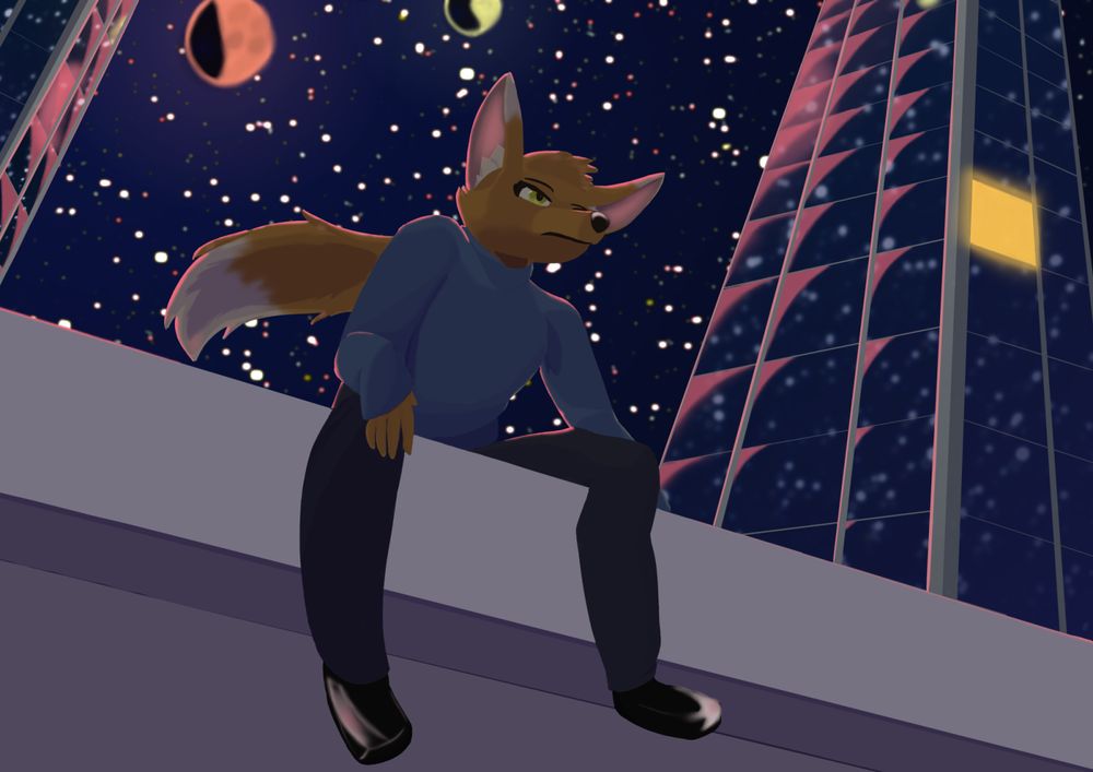 A tabletop OC of mine named Ren (they/them) sitting on a roof pondering while the twin moons of their world shine overhead
