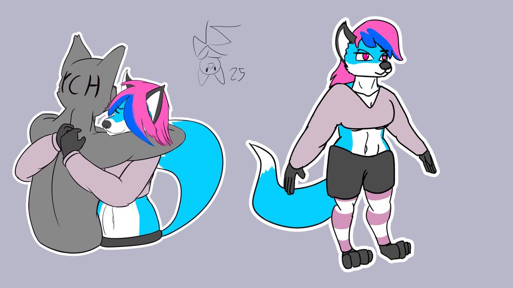 Two stickers of Zadrave's fox fursona, one of her hugging a gray vaguely canine figure labelled "YCH", and one of her in the "reference" A-pose.