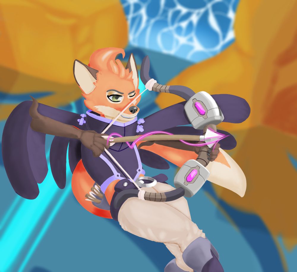 Fleet, the vulpine heroine from Dungeons of Aether, dashing and taking aim with her wind-enchanted bow at Godai Delta.