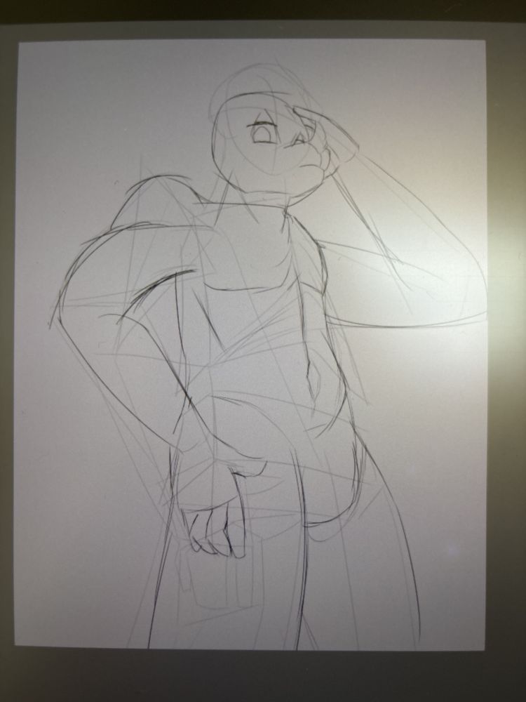 A rough sketch of Skyler posing with their right arm bent downwards to have their right hand resting on their thigh, and their left arm bent upwards to have their left hand resting on their forehead. Their gesture and expression are mostly neutral, but with a flamboyant air. The camera is from a low 3/4 perspective, presenting a worm's eye view of their posture and proportions.