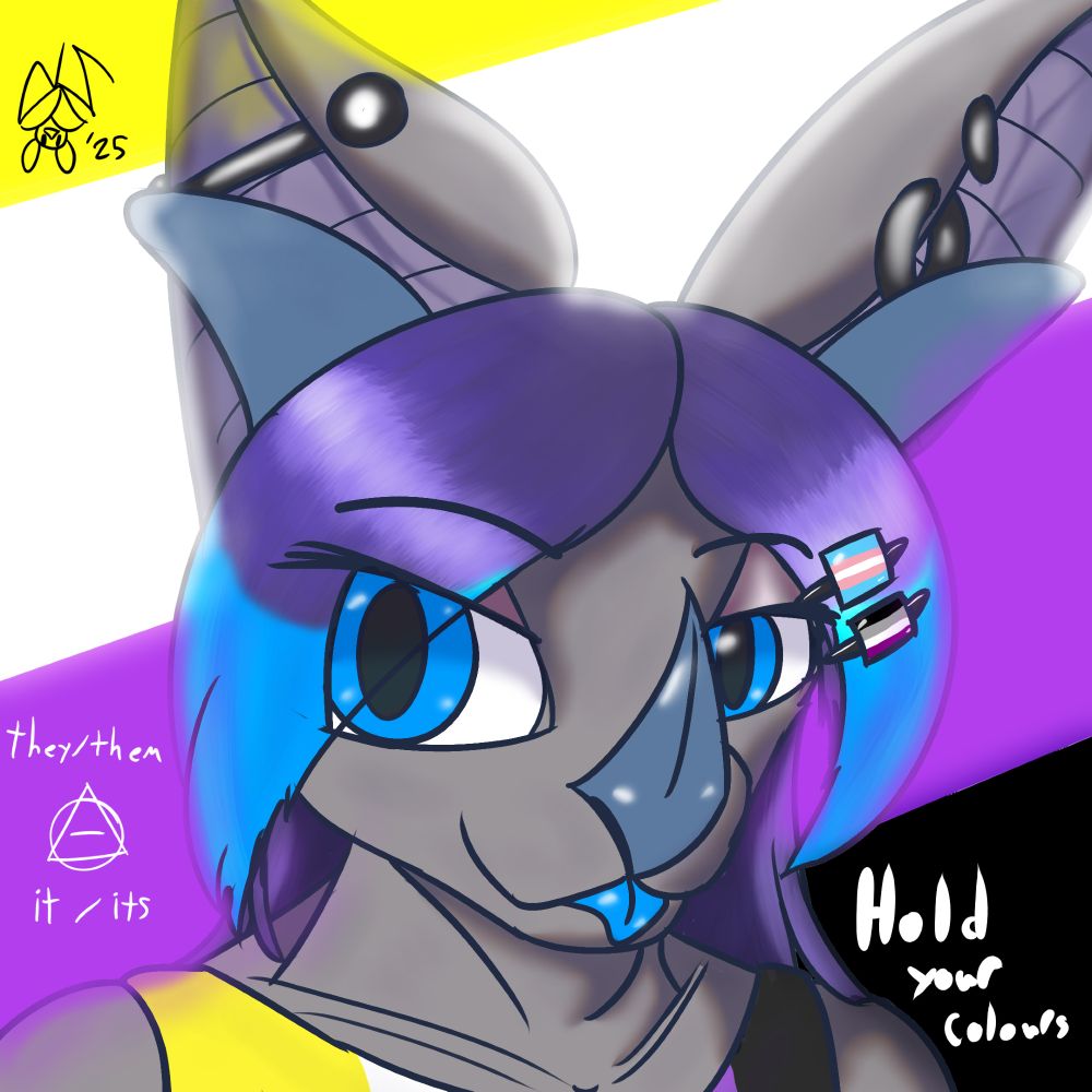 A close up 3/4 portrait of Skyler the leaf-nosed bat. They're wearing a nonbinary flag-colored tank top as well as two hairpins of the trans flag and ace flag. They're looking towards the viewer from the side and playfully sticking the tip of their tongue out. The background is a glowing nonbinary flag, with text reading "they/them, it/its" and "Hold your colours".