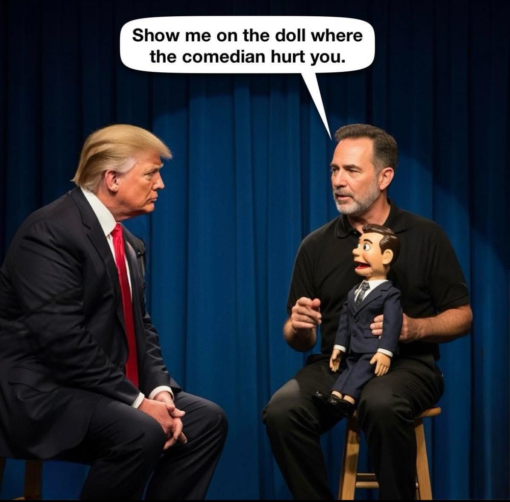 Man holding a ventriloquist doll on his lap, asking Trump to show him on the doll where the comedian hurt him.