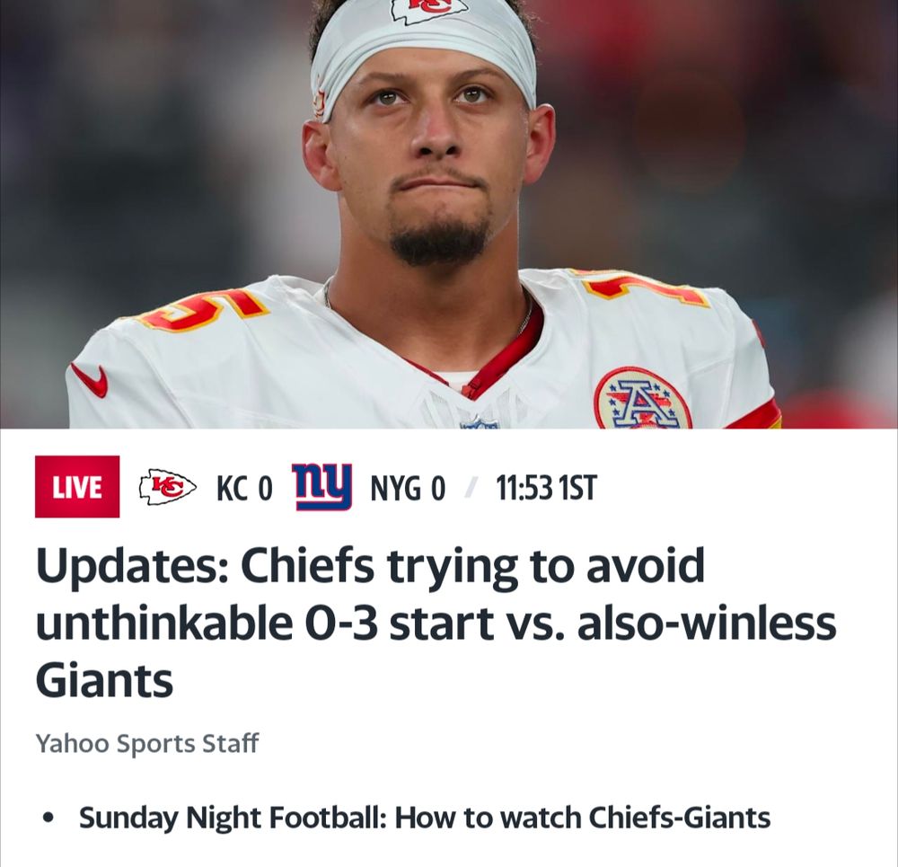 A headline that says "Updates: Chiefs trying to avoid unthinkable 0-3 start vs. also-winless Giants"