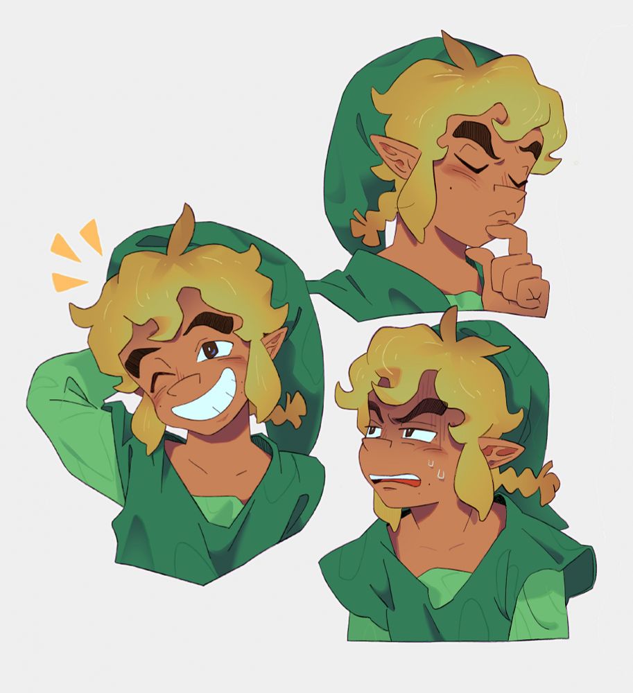 Three bust drawings of Link with different expressions — one in thought, one happy, and one looking exasperated.