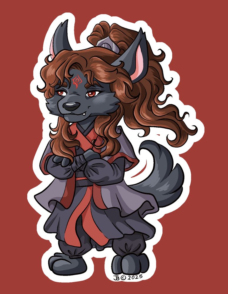 Luo Binghe as a black wolf looking self assured with his arms crossed.