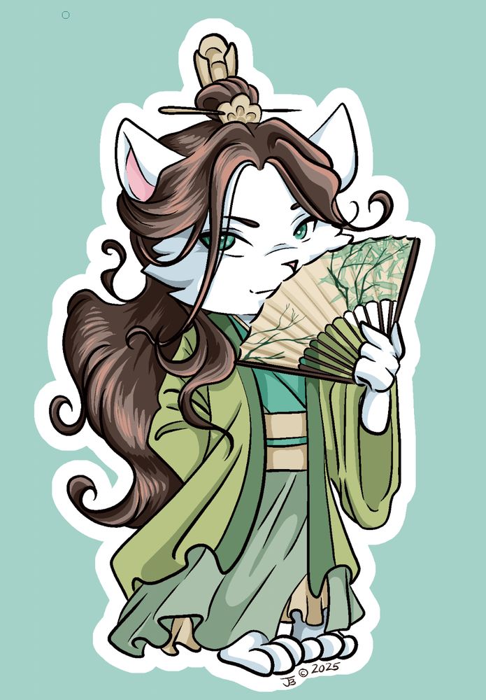 Shen Qingqiu from Scum Villians Self Saving System as a white cat looking coy behind his fan.