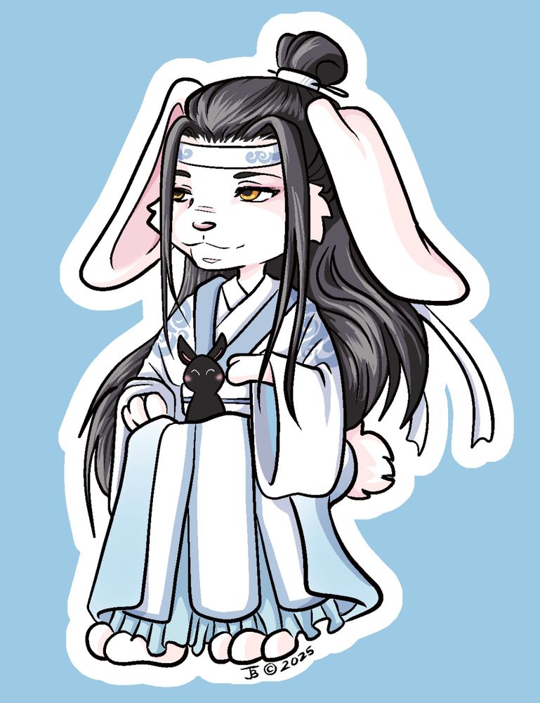Lan Zhan as a white rabbit with a happy black bunny in his lap.