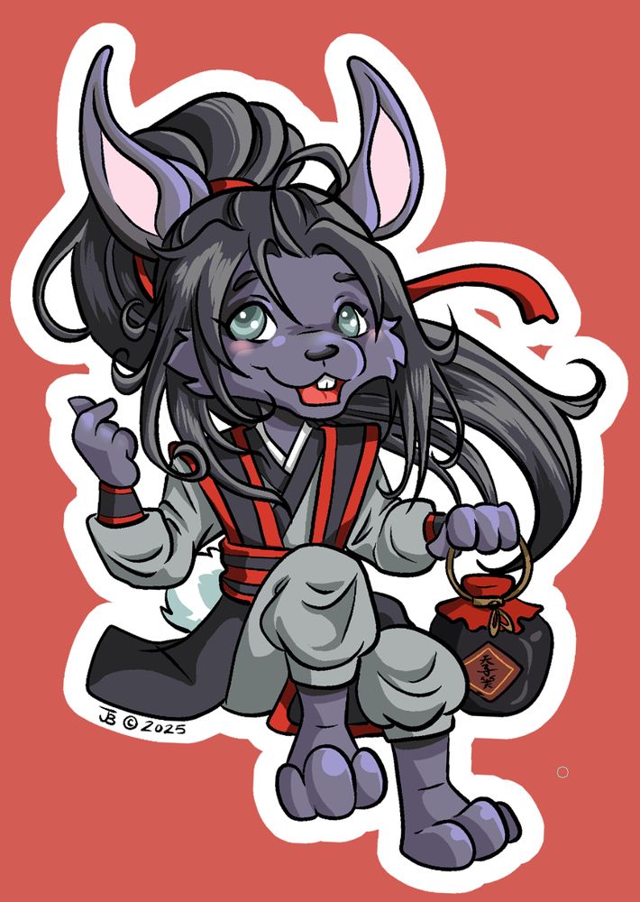 Wei Wuxian from Grandmaster of Demonic Cultivation as a black rabbit with a jar of Emperor's Smile.