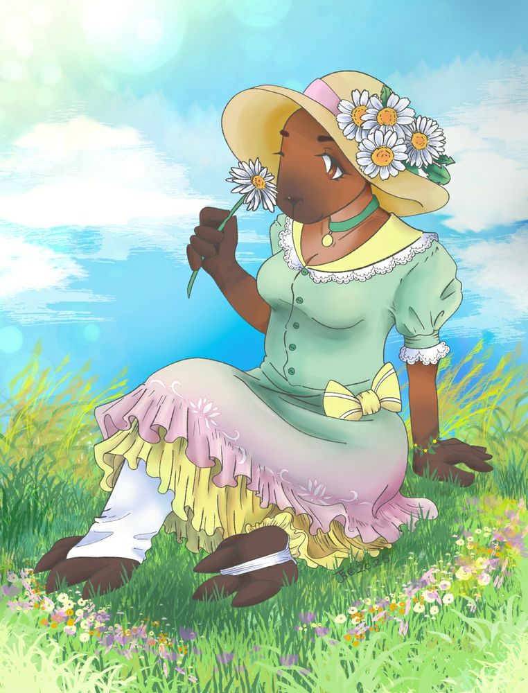 Capybara girl in a sun dress and hat sitting in a field of flowers.