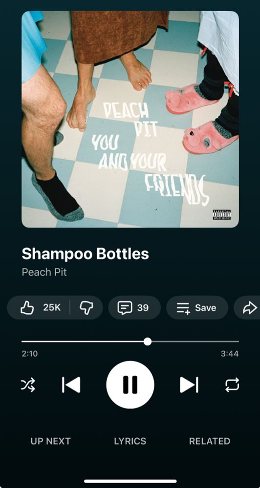 a screenshot of youtube music playing shampoo bottles by peach pit. 

the album art is 3 pairs of legs, one in socks, one in pink slippers, and one barefoot, on a white and blue tiled floor, with the band name and album title “peach pit, you and all your friends“