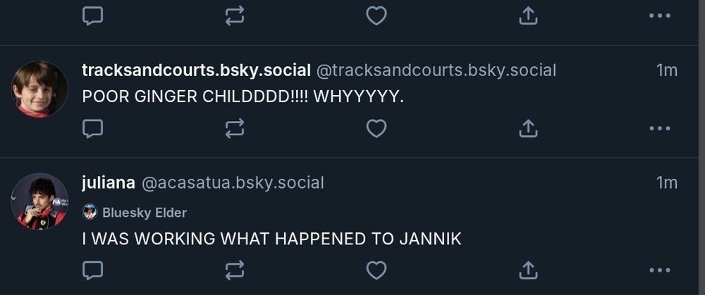 Screenshot of tracksandcourts saying POOR GINGER CHILDDD!!!! WHYYYYYY.

Juliana saying I WAS WORKING WHAT HAPPENED TO JANNIK