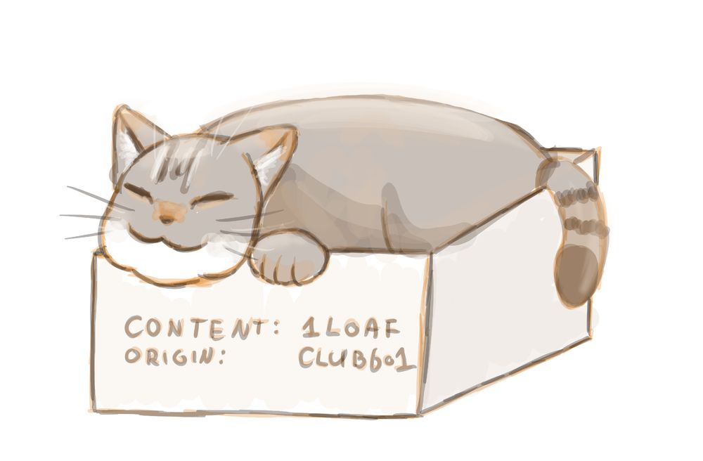 A British Shorthair in a box, sleeping peacefully. Their cheek is rested on the edge of the box alongside their paw. Their tail is dangled over another edge.