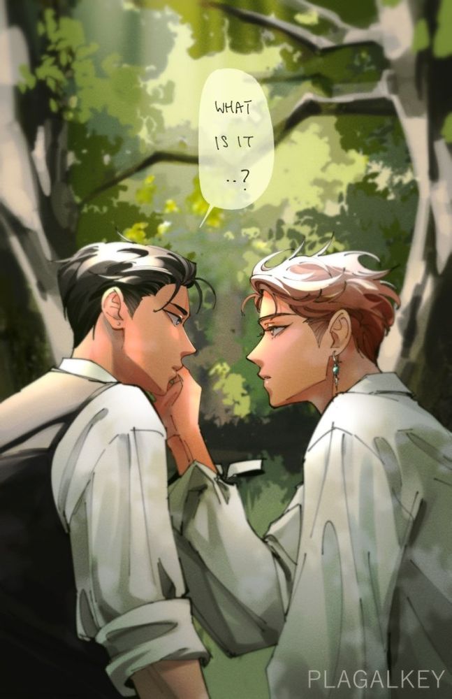 oikage sitting in a forest / glade, with oikawa reaching up to touch kageyamas cheek and kageyama looking back at oikawa curious, dialogue bubble asking "what is it?" 
both of them are princes in semi-casual wear. oikawa wears a very loose white linen dress shirt and a blue jewel earring. kageyama has his hair slicked back and a vest on top of his dress shirt, sleeves rolled up. 