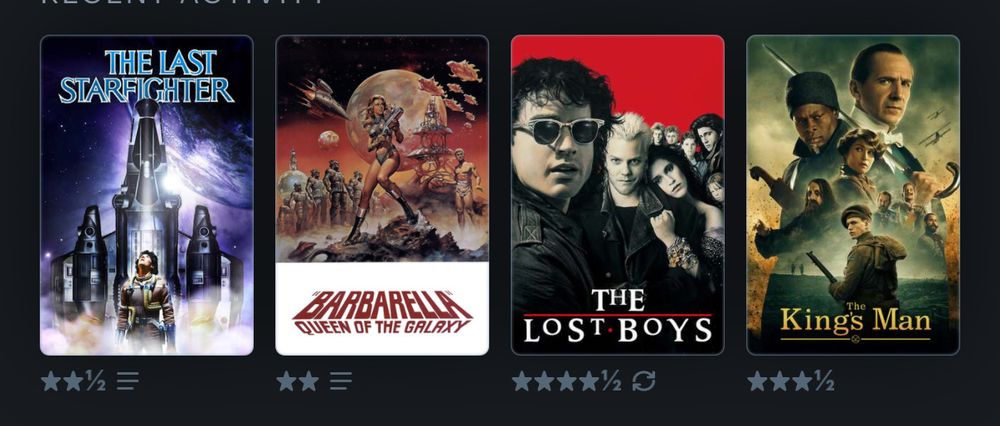 The Last Starfighter 2 1/2 stars; Barbarella 2 stars; The Lost Boys 4 1/2 stars; The King’s Man 3 1/2 stars.
