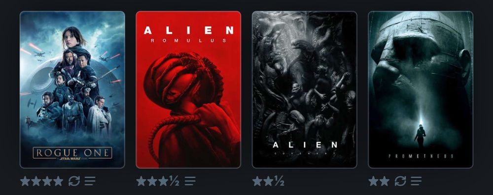 Rogue One 4 stars; Alien:Romulus 3 1/2 stars; Alien: Covenant 2 1/2 stars; Prometheus 2 stars.
