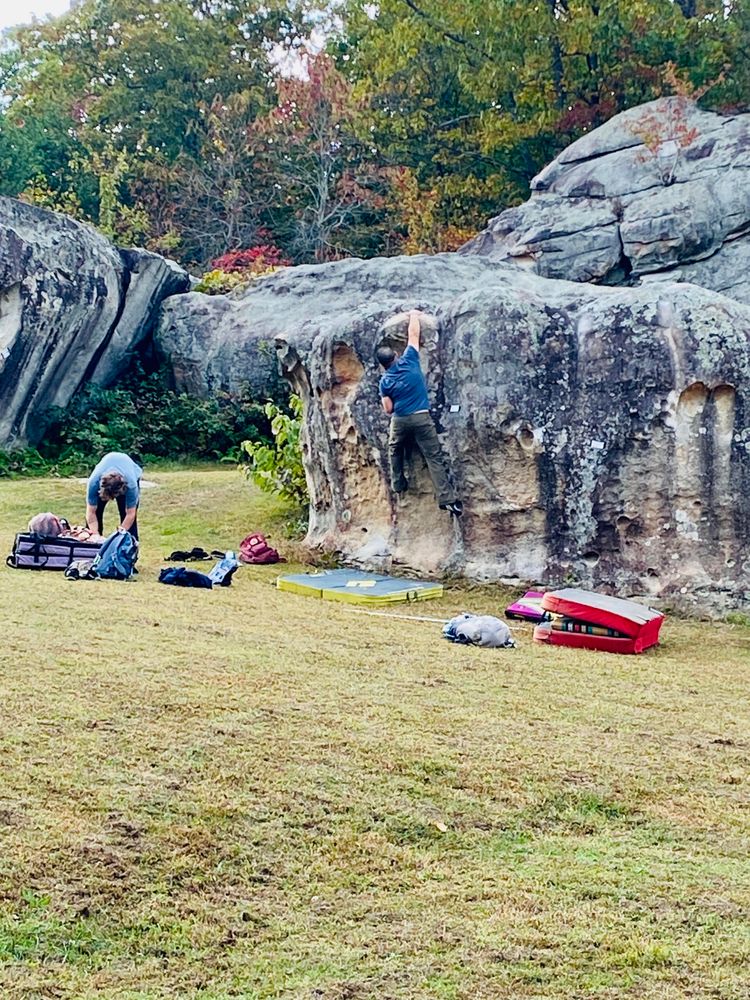 A rock climber climbing a boulder the size of a large boulder on the edge of a grassy field