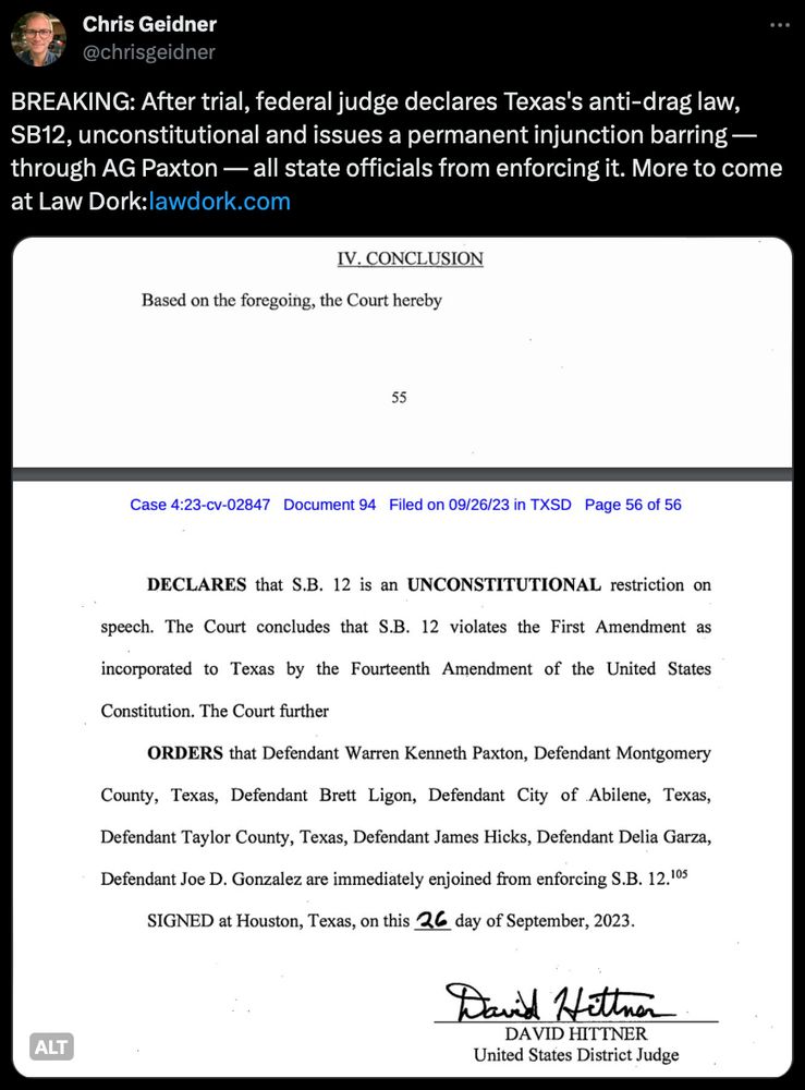 Screencap of Tweet from Chris Geidner showing an image of the rolling declaring Texas' anti-drag law unconstitutional.