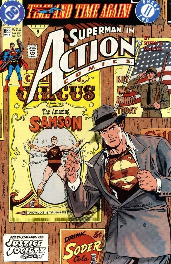 Cover for Action Comics #663. Clark Kent with his shirt open showing the Superman costume standing in front of a circus poster with "The Amazing Samson" busting through chain on it, who also has an "S" on his circus costume.
