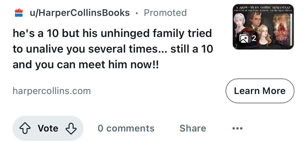 an advertisement for a book by the publisher harper-collins using the puerile tiktok euphemism "unalive" in place of "murder" in the summary blurb